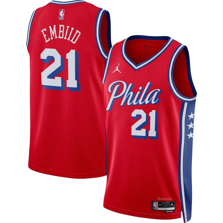 Men Philadelphia 76ers #21 Joel Embiid Jordan Brand Red 2022-23 Statement Edition Swingman NBA Jersey